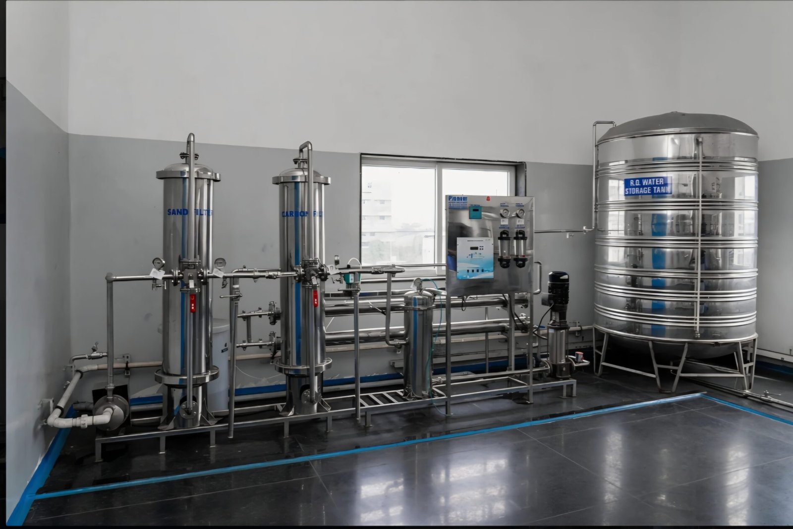 Purified water system with sand and carbon filters