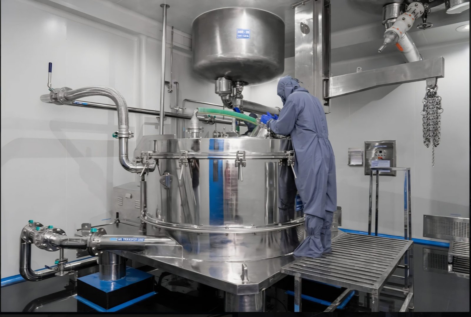 Operator working at a stainless-steel centrifuge in the GMP cleanroom